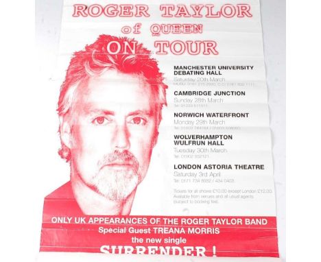 A Roger Taylor of Queen on Tour poster, 74 x 50cm, together with a Roger Taylor Sheffield Leadmill poster, 51 x 37cm, a Rolli