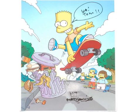 The Simpsons, a colour print showing Bart Simpson on his skateboard, signed in black ink by creator Matt Groening, 35.5 x 27c