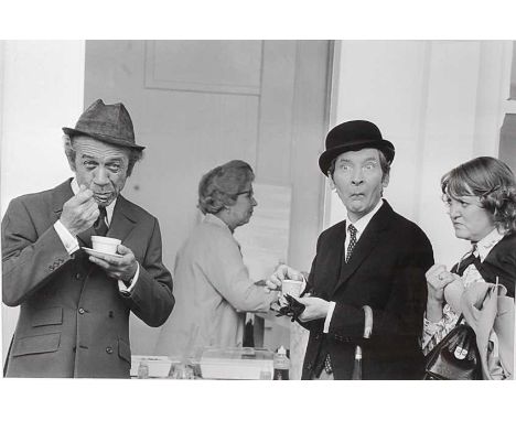 Carry On Tea Break, 1971, black and white print of British actors Sid James and Kenneth Williams having a tea break during th