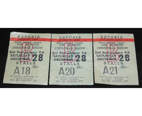 The Beatles, a set of three ticket stubs from The Beatles Christmas Show 1963 at the Astoria, Finsbury Park, Saturday 28th De