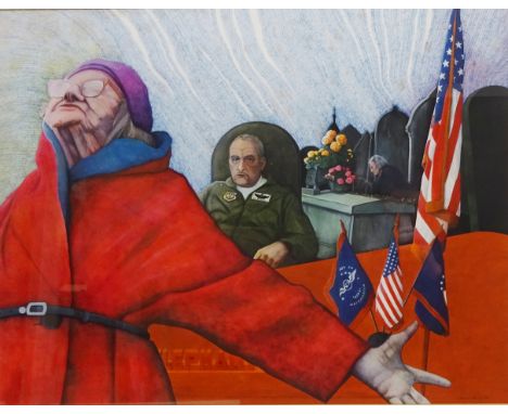 Edward Brackan Royal Airforce Seated with Elderly Ladies in the Fore and background, watercolour signed and dated '84 by Chee