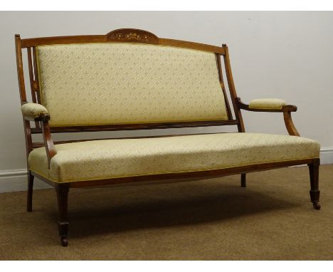 Edwardian inlaid two seat sofa, raised shaped back, upholstered back, arms and seat in beige patterned fabric, square taperin