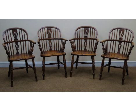 Set four 19th century ash and elm low back Windsor armchair, pierced splat and stick back, turned supports joined by 'H' stre