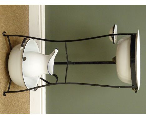 French style wrought metal wash stand with enamel basin, jug, bowl and  soap dish, D42cm and H83cm Condition Report Click her