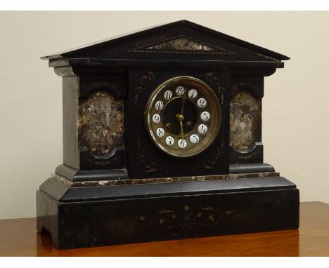 Victorian architectural black slate and marble mantle clock, circular dial with Arabic numerals in cartouche,  twin train mov