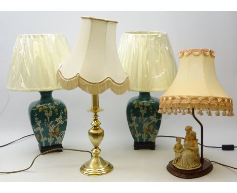 Pair Oriental style table lamps decorated with butterflies amongst foliage on turquoise ground on brushed brass base with sha