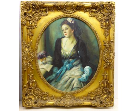 Portrait of a Lady in an Evening Gown, 20th century oval oil on canvas unsigned  and Portrait of a Seated Lady, colour print 