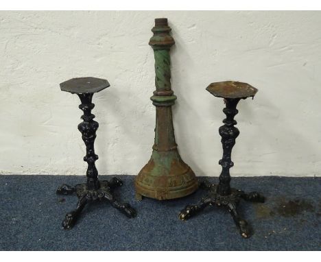 Pair ornate cast iron table pedestals with paw feet (H66cm) and lower half cast iron street lamp (H94cm) Condition Report Cli