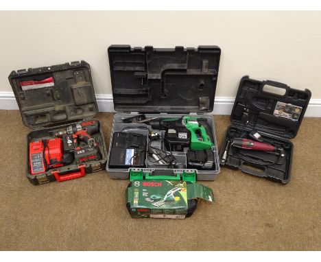 Hitachi Koki DH250ALcordless rotary hammer drill, a Milwaukee C18 PD cordless drill and charger, a cordless rotary tool and a