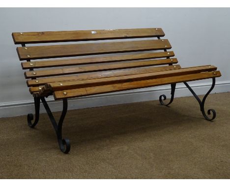 Wrought metal garden bench with solid pine slats, W137cm Condition Report Click here for further images, condition, auction t