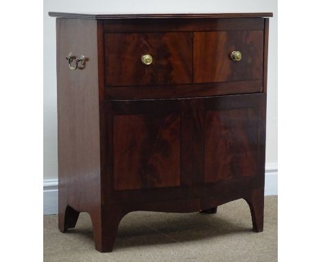 Early 19th century inlaid mahogany commode, hinged up and over lid, shaped apron, bracket feet, W60, H69cm, D41cm Condition R