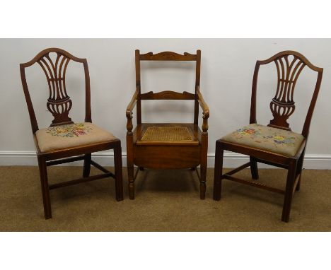 Pair of 19th century mahogany dining chairs with woolwork drop in seats (W53cm) and an Edwardian beech commode chair, cane se