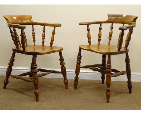 Matched pair of 19th century fruitwood smokers bow armchairs, on turned supports joined by double stretchers, H88cm (2) Condi