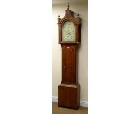 George III inlaid oak case clock pagoda hood with three finials, painted arched dial with floral spandrels, Arabic numerals, 