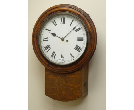 Railway Interest - early 20th century oak cased wall clock with circular Roman dial, and single fusee movement, oval side pla