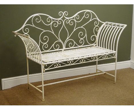 White painted open work wrought metal garden bench, L144cm Condition Report Click here for further images, condition, auction