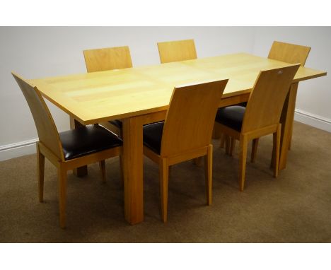 Light oak extending dining table, square supports (W120cm, H75cm, D90cm and six curved back chairs, upholstered seats (W39cm)