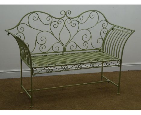 Green painted open work wrought metal garden bench, L144cm Condition Report Click here for further images, condition, auction