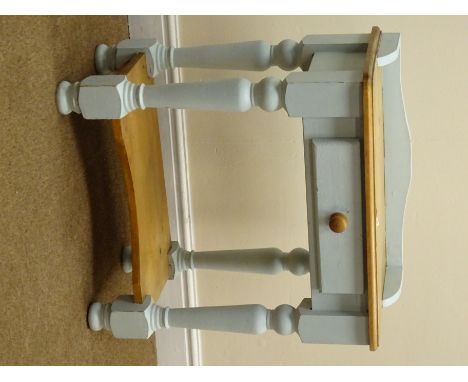 Solid pine painted bedside lamp table, raised shaped back, single drawer, turned supports joined by single undertier, W60cm, 