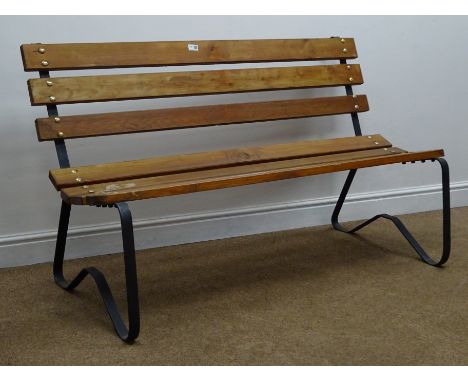 Wrought metal garden bench with solid pine slats, W138cm Condition Report Click here for further images, condition, auction t