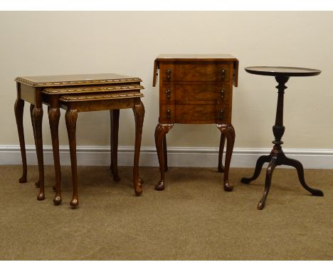 Maples burr walnut and crossbanded nest of tables on cabriole legs, W58cm, D40cm, H58cm, a figured walnut drop leaf bedside c