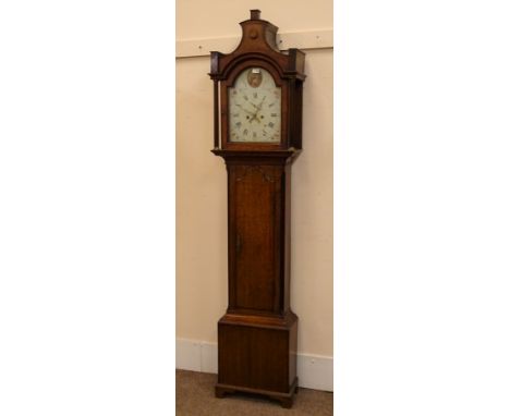 George III oak longcase clock with pagoda top, eight day movement striking on a bell, painted dial with subsidiary seconds di