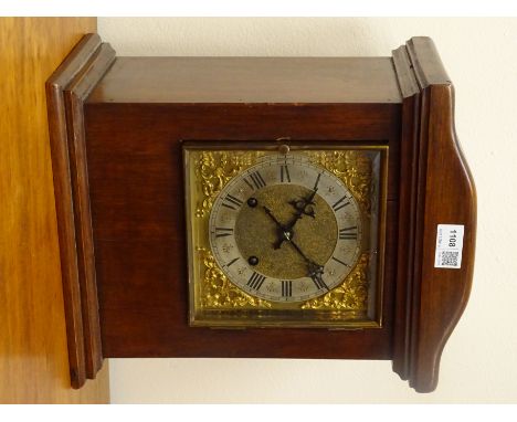 Early 20th century serpentine top walnut mantel clock, square brass dial with bevelled glass door, RSM twin train ting tang m