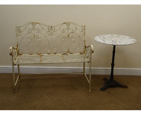 Circular marble top pedestal garden table, ornate cast iron base (D58cm, H72cm) and a white finish garden bench (W104cm) (2) 