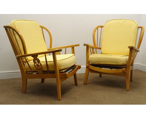 Pair Beech framed spindle back easy chair, upholstered cushion back and seat, W75cm Condition Report Click here for further i