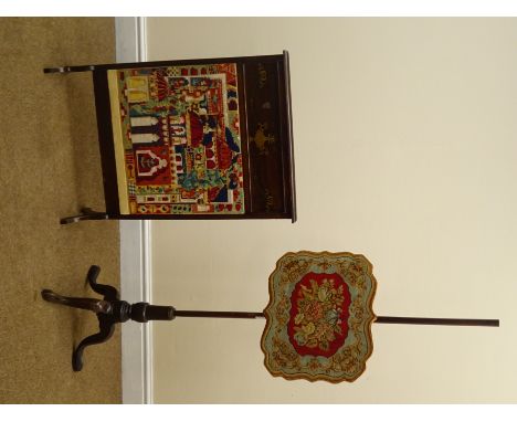 Early 20th century mahogany pole screen (W43cm, H139cm) and an inlaid fire with screen with tapestry detailing (2) Condition 