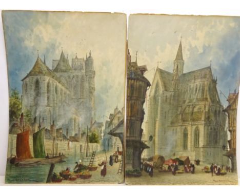 Paul Braddon (British 1864-1938): Continental Cathedral, two watercolours signed 77cm x 53cm and Church Interior, watercolour