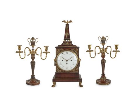 AUSTRO-HUNGARIAN MAHOGANY AND GILT METAL CLOCK GARNITURE LATE 18TH CENTURY the white enamel Arabic number dial with seconds, 