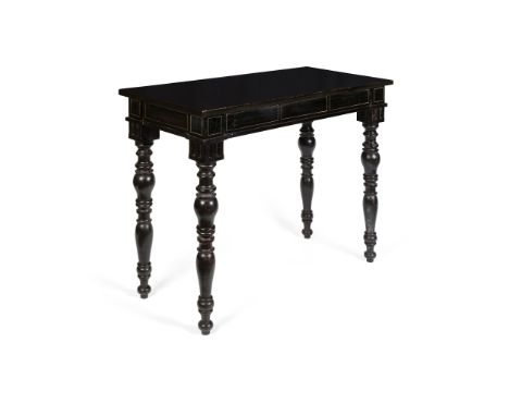 VICTORIAN EBONISED SIDE TABLE 19TH CENTURY the rectangular top above a painted frieze outlined with simulated ivory, raised o