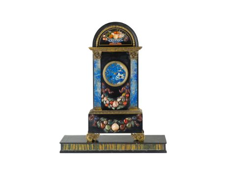 FRENCH FLORENTINE MARBLE AND PIETRA DURA MANTEL CLOCK, BY HUNZIKER, PARIS EARLY 19TH CENTURY the lapis lazuli circular dial w