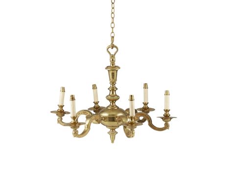 BRASS SIX LIGHT CHANDELIER 20TH CENTURY in the early Georgian style, the central baluster issuing six scrolling candle arms w