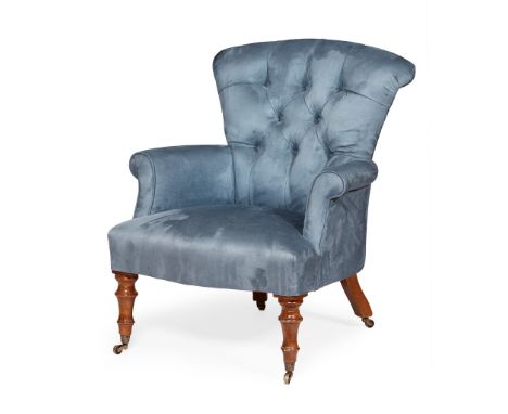 UPHOLSTERED ARMCHAIR, BY BEAUMONT AND FLETCHER MODERN the scrolled button upholstered back above a serpentine stuff-over seat