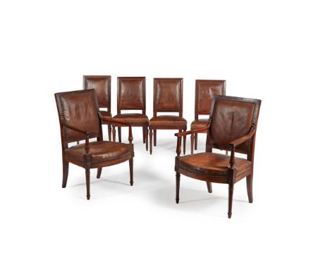 SET OF SIX FRENCH DIRECTOIRE MAHOGANY DINING CHAIRS, BY JEAN-BAPTISTE BERNARD DEMAY LATE 18TH CENTURY comprising four side ch