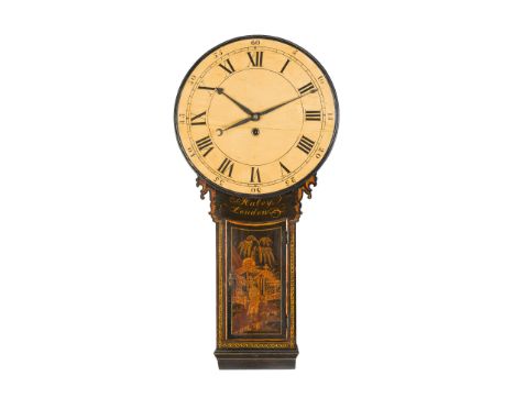 GEORGE III BLACK JAPANNED TAVERN CLOCK, BY HALEY, LONDON LATE 18TH CENTURY the single-train eight-day movement with cream pai