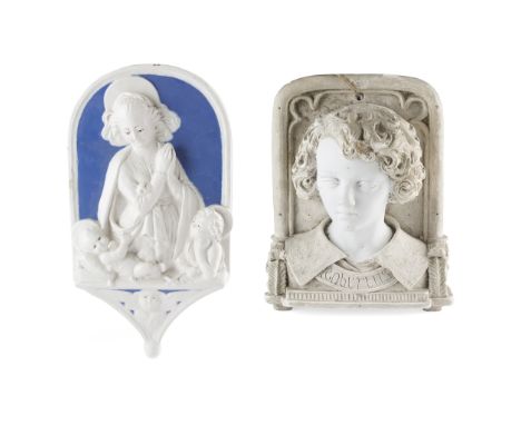 TWO RELIEF PLAQUES 19TH CENTURY the first a Cantagalli example in the della Robbia style, in blue and white glazed terracotta