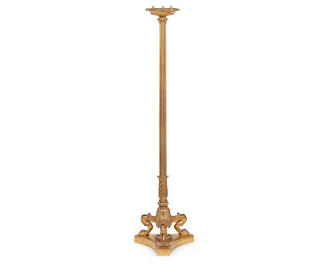 GILT METAL STANDARD LAMP, IN THE MANNER OF THOMAS HOPE EARLY 20TH CENTURY the slender reeded column with acanthus and palmett