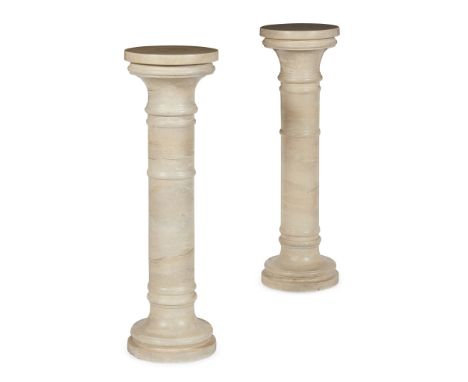 PAIR OF SCAGLIOLA STONE PEDESTALS MODERN the circular tops above ring banded columns on circular bases (38cm diameter, 99cm h