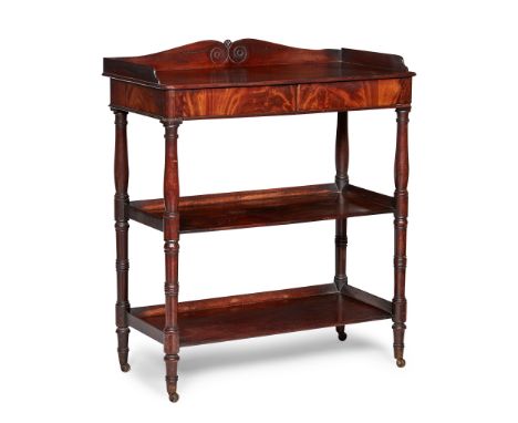 LATE REGENCY MAHOGANY BUFFET EARLY 19TH CENTURY the top with a scrolled three-quarter gallery above a pair of short frieze dr