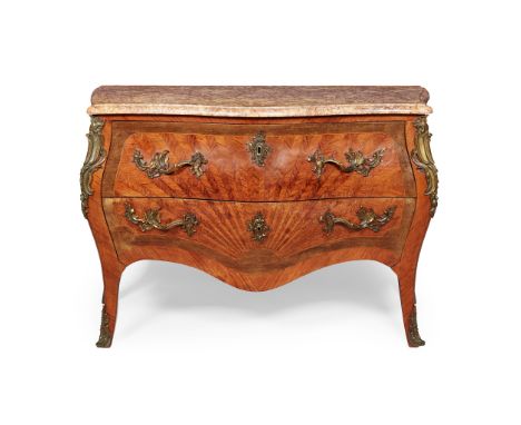 LOUIS XV STYLE KINGWOOD AND AMARANTH MARBLE TOPPED BOMBÉ COMMODE EARLY 20TH CENTURY the serpentine pink and yellow marble top