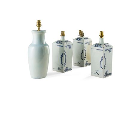 THREE CHINESE BLUE AND WHITE CERAMIC LAMPS MODERN of square shouldered form, wired for electricity; together with a MODERN CE