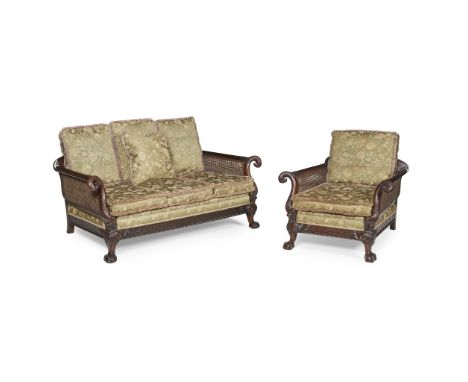 GEORGIAN STYLE MAHOGANY TWO PIECE BERGERE SUITE, ATTRIBUTED TO GILLOWS &amp; WARING EARLY 20TH CENTURY comprising a sofa and 