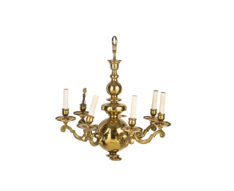 DUTCH STYLE BRASS SIX-LIGHT CHANDELIER MODERN the knopped baluster column issuing seven scrolled candle arms with candle nozz
