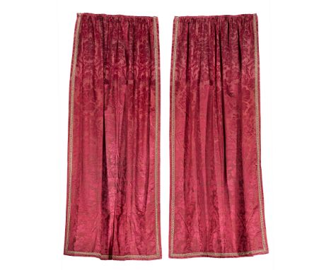 QUANTITY OF ANTIQUE RED SILK TEXTILES 19TH/ EARLY 20TH CENTURY comprising a pair of damask curtains, lined, with cord trim, 3