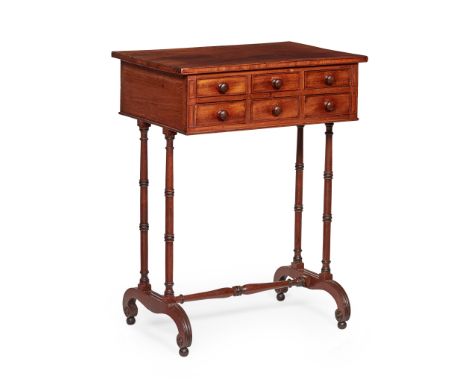 REGENCY MAHOGANY LAMP TABLE EARLY 19TH CENTURY the rectangular top with a line moulded edge, over an arrangement of six short