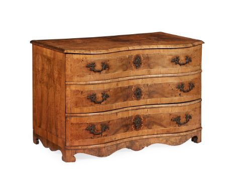 GERMAN WALNUT AND INLAID SERPENTINE COMMODE 18TH CENTURY the quarter veneered and crossbanded top with a moulded edge, over t