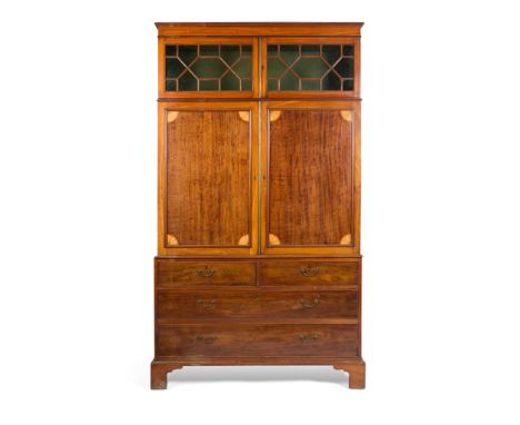 GEORGIAN STYLE MAHOGANY PRESS CUPBOARD 19TH CENTURY, WITH SOME 18TH CENTURY COMPONENTS the upper section with astragal glazed